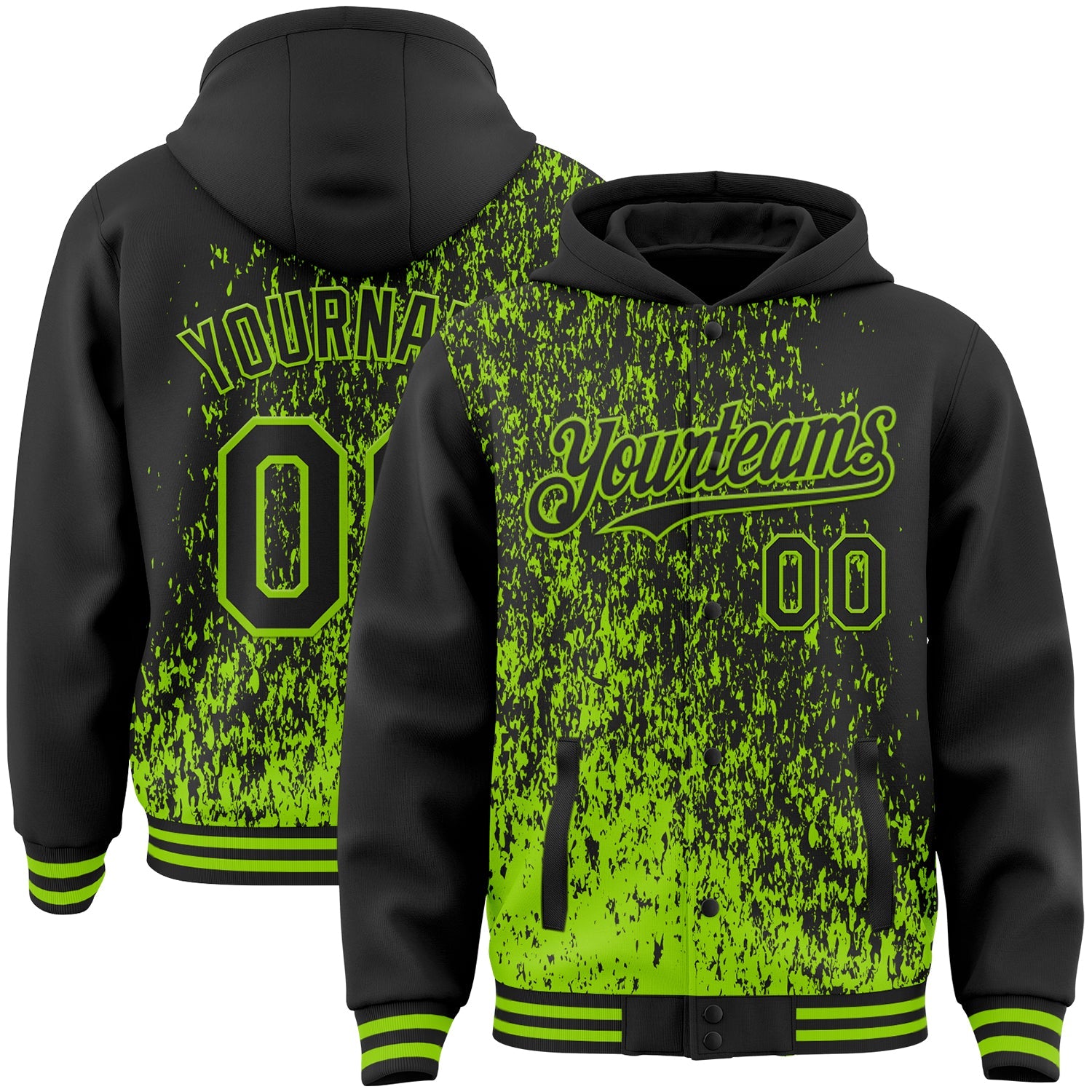 Custom Black Black-Neon Green Abstract Fragment Art 3D Pattern Design Bomber Full-Snap Varsity Letterman Hoodie Jacket - Main View