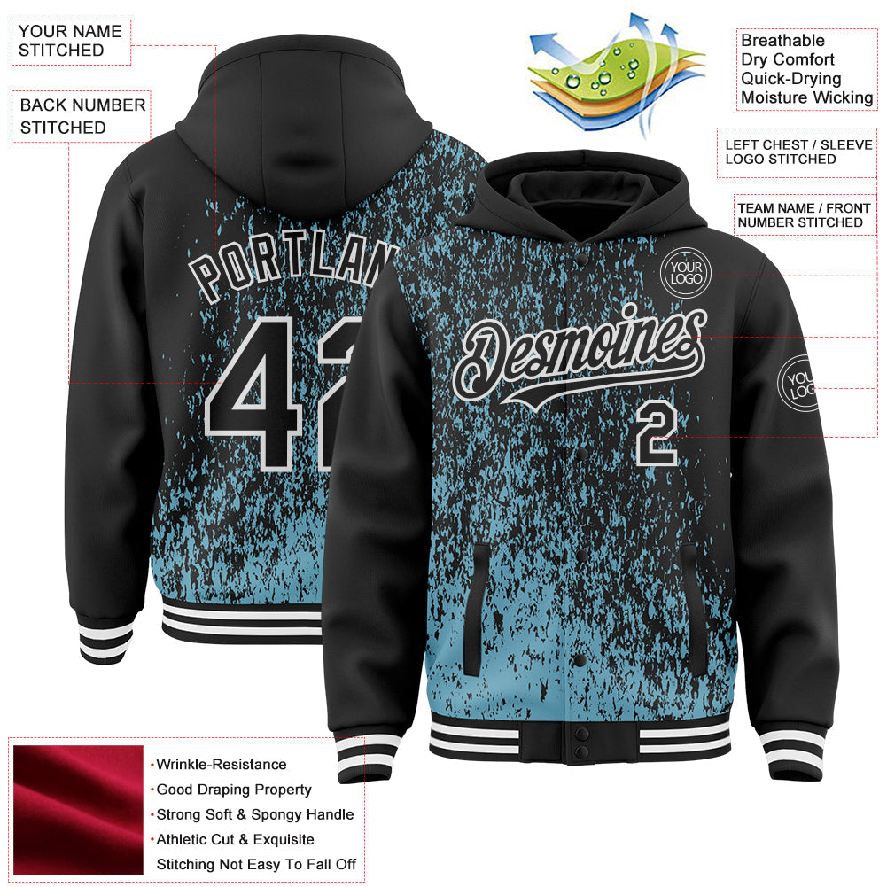 Custom Shadow Blue Black-White Abstract Fragment Art 3D Pattern Design Bomber Full-Snap Varsity Letterman Hoodie Jacket view 4