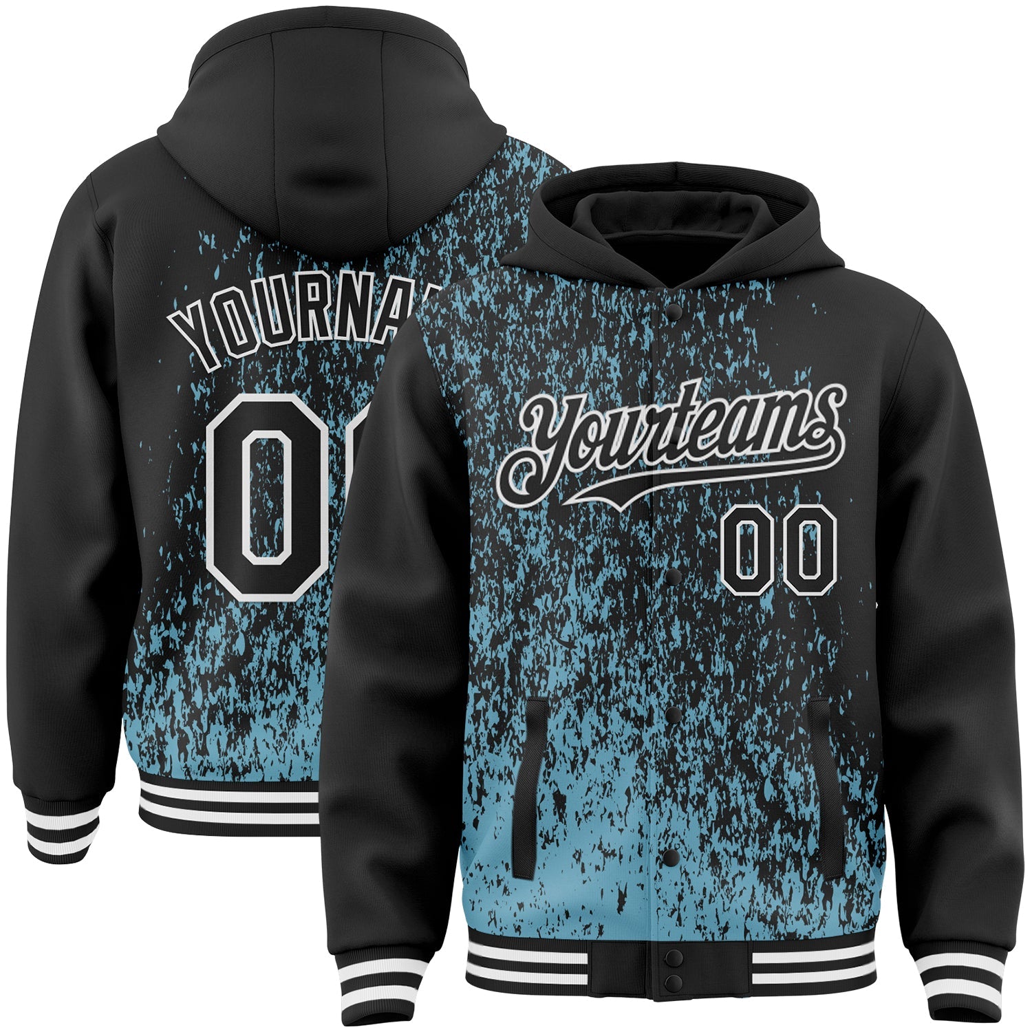 Custom Shadow Blue Black-White Abstract Fragment Art 3D Pattern Design Bomber Full-Snap Varsity Letterman Hoodie Jacket - Main View