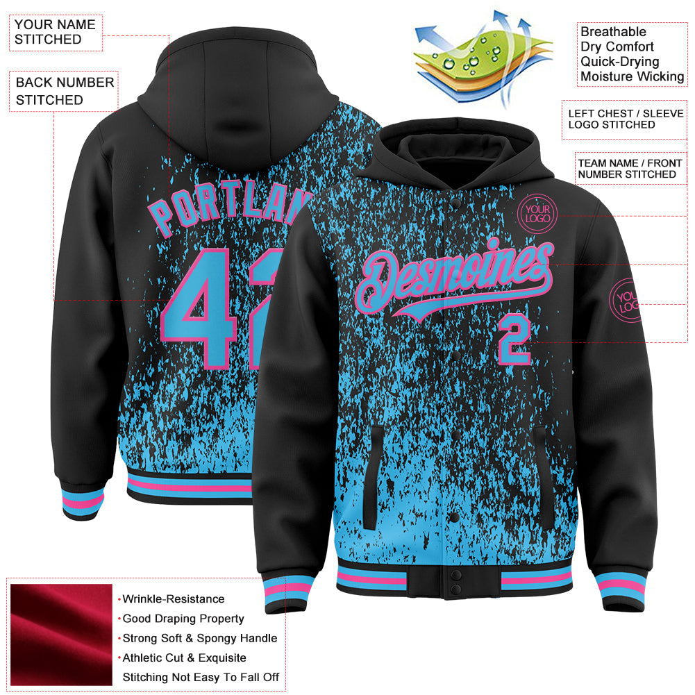 Custom Black Sky Blue-Pink Abstract Fragment Art 3D Pattern Design Bomber Full-Snap Varsity Letterman Hoodie Jacket view 4