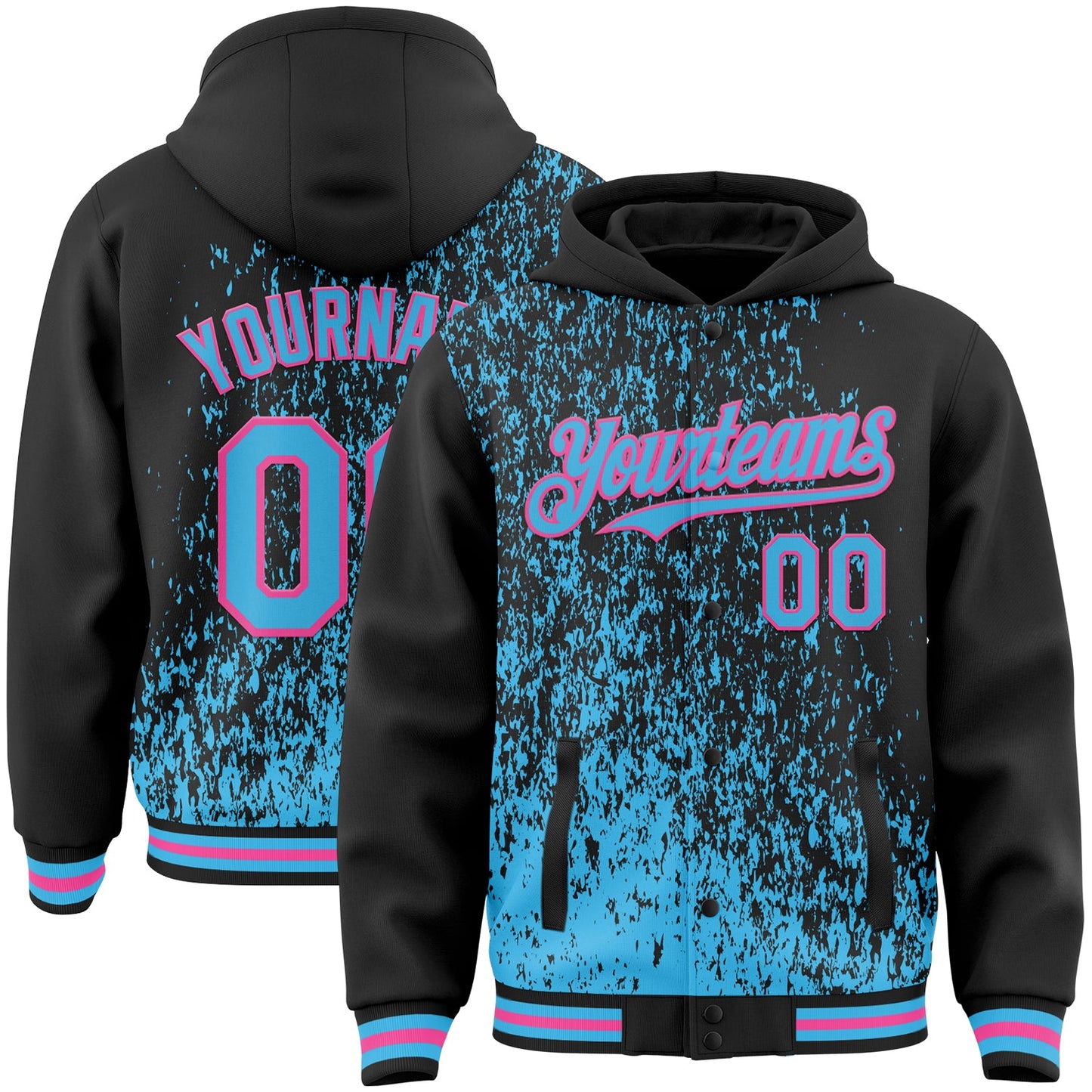 Custom Black Sky Blue-Pink Abstract Fragment Art 3D Pattern Design Bomber Full-Snap Varsity Letterman Hoodie Jacket - Main View