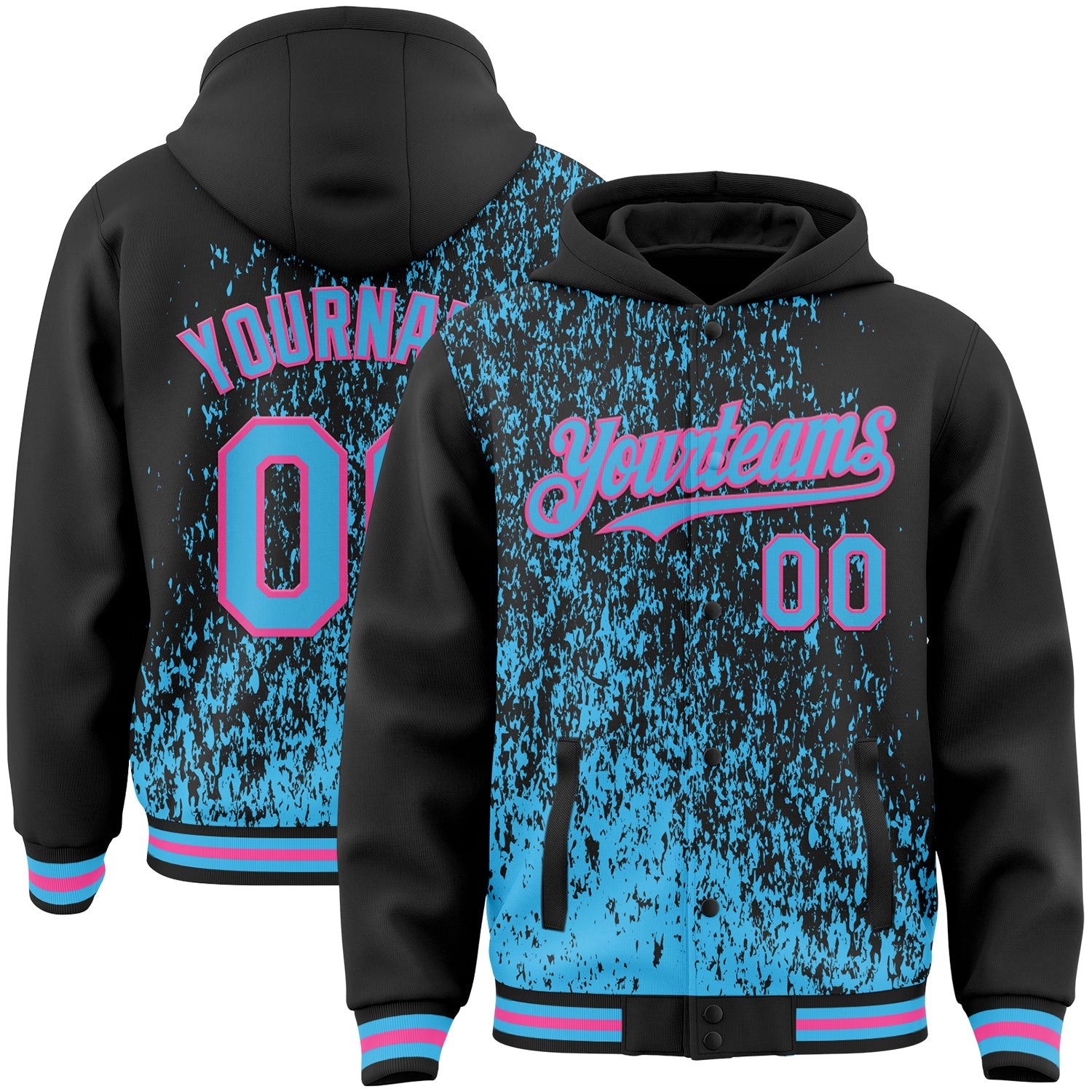 Custom Black Sky Blue-Pink Abstract Fragment Art 3D Pattern Design Bomber Full-Snap Varsity Letterman Hoodie Jacket - Main View