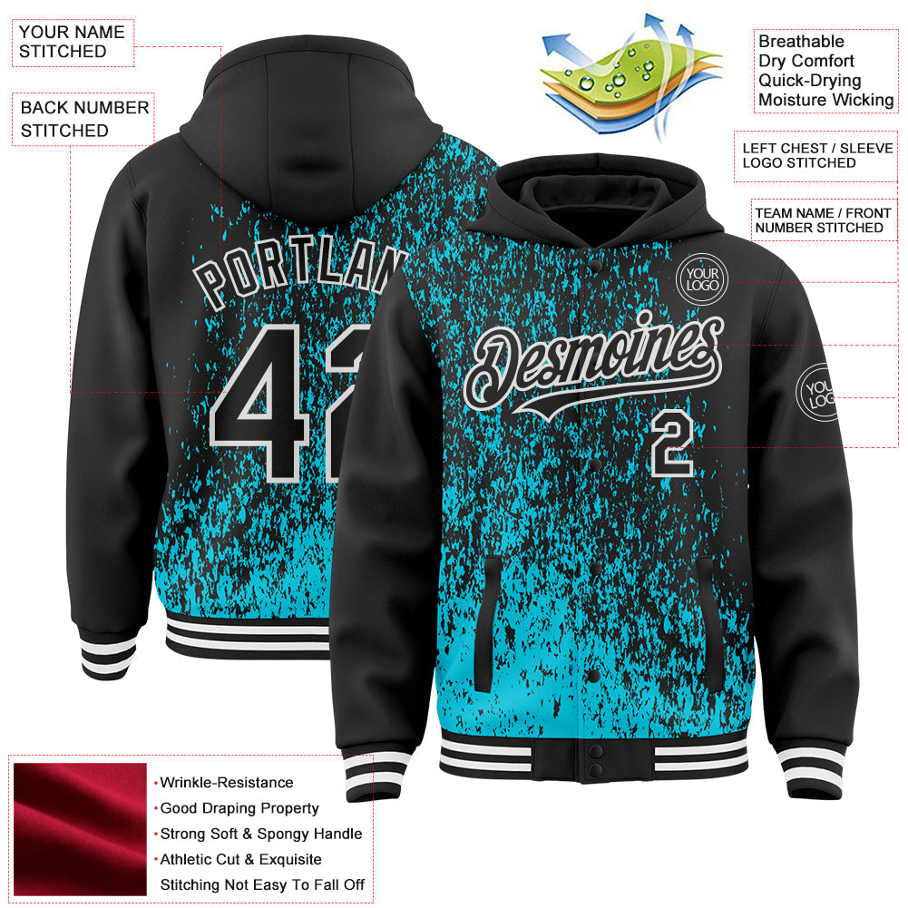 Custom Lakes Blue Black-White Abstract Fragment Art 3D Pattern Design Bomber Full-Snap Varsity Letterman Hoodie Jacket view 4