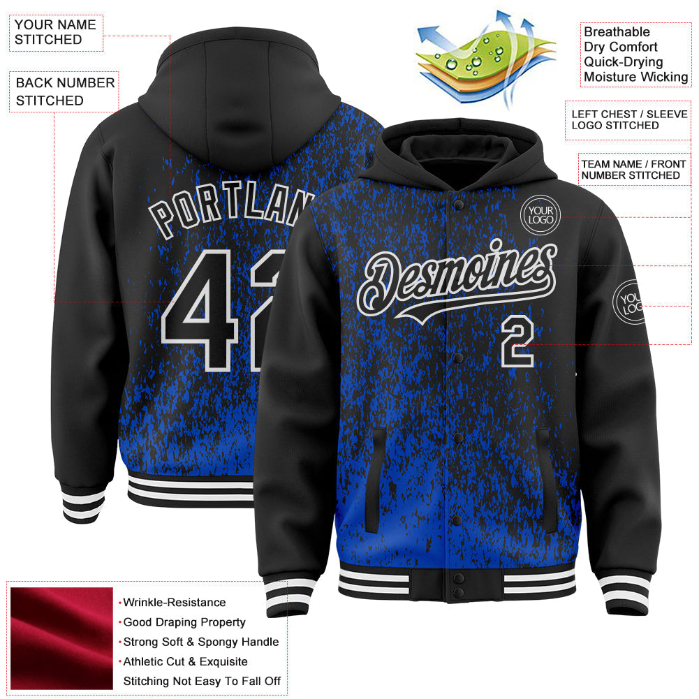 Custom Thunder Blue Black-White Abstract Fragment Art 3D Pattern Design Bomber Full-Snap Varsity Letterman Hoodie Jacket view 4