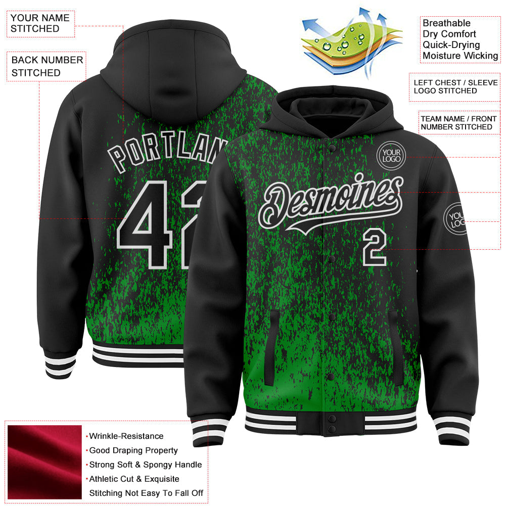 Custom Grass Green Black-White Abstract Fragment Art 3D Pattern Design Bomber Full-Snap Varsity Letterman Hoodie Jacket view 4
