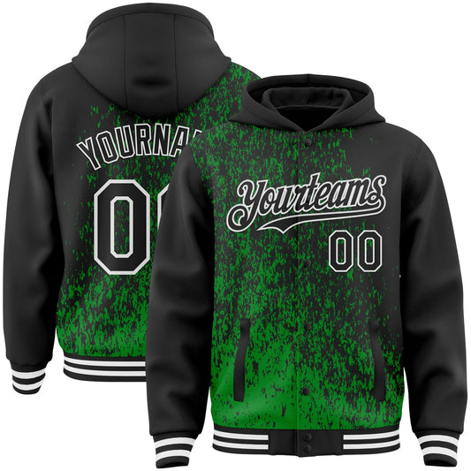 Custom Grass Green Black-White Abstract Fragment Art 3D Pattern Design Bomber Full-Snap Varsity Letterman Hoodie Jacket - Main View
