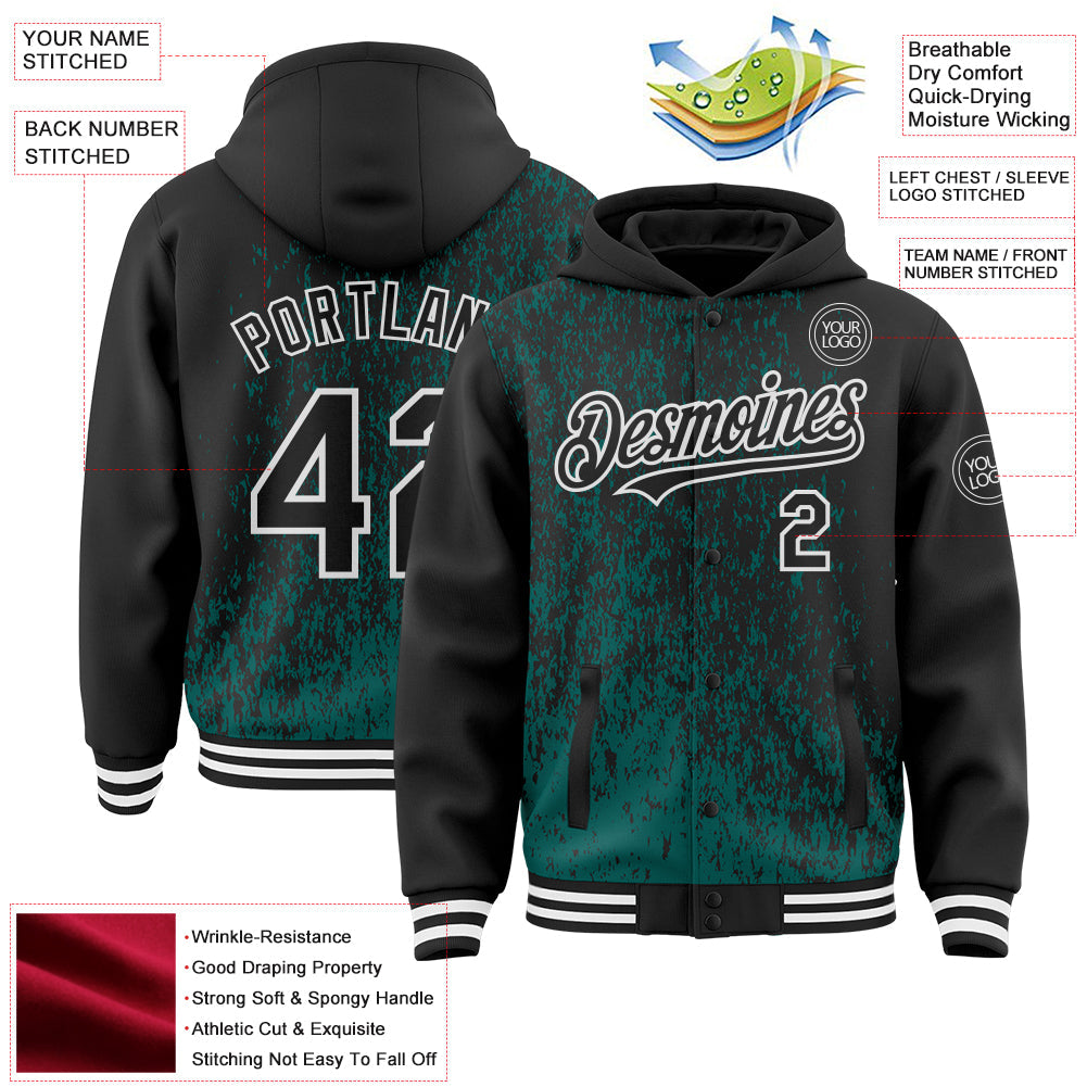 Custom Midnight Green Black-White Abstract Fragment Art 3D Pattern Design Bomber Full-Snap Varsity Letterman Hoodie Jacket view 4