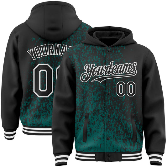 Custom Midnight Green Black-White Abstract Fragment Art 3D Pattern Design Bomber Full-Snap Varsity Letterman Hoodie Jacket - Main View