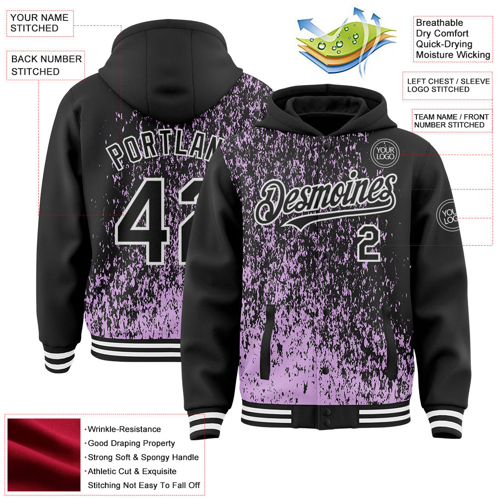 Custom Light Purple Black-White Abstract Fragment Art 3D Pattern Design Bomber Full-Snap Varsity Letterman Hoodie Jacket view 4