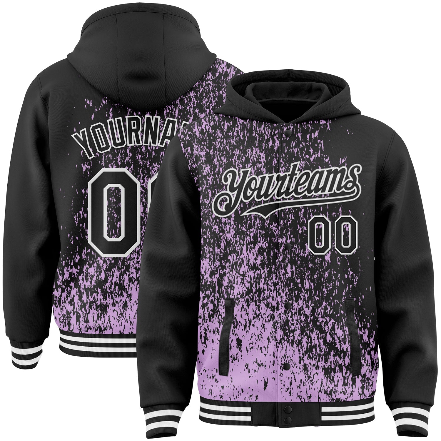 Custom Light Purple Black-White Abstract Fragment Art 3D Pattern Design Bomber Full-Snap Varsity Letterman Hoodie Jacket - Main View