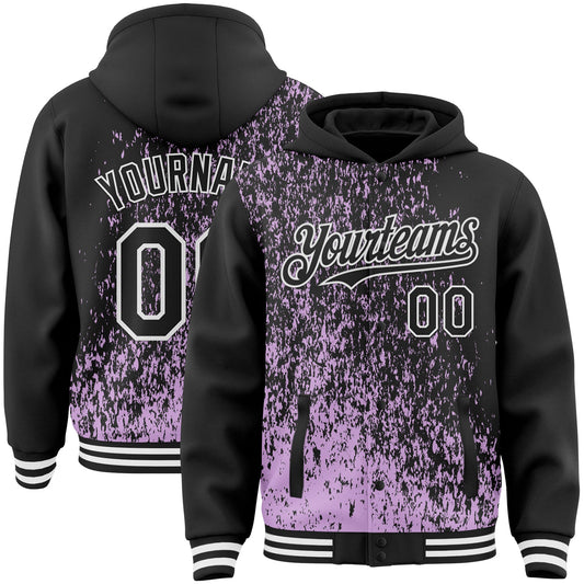 Custom Light Purple Black-White Abstract Fragment Art 3D Pattern Design Bomber Full-Snap Varsity Letterman Hoodie Jacket - Main View