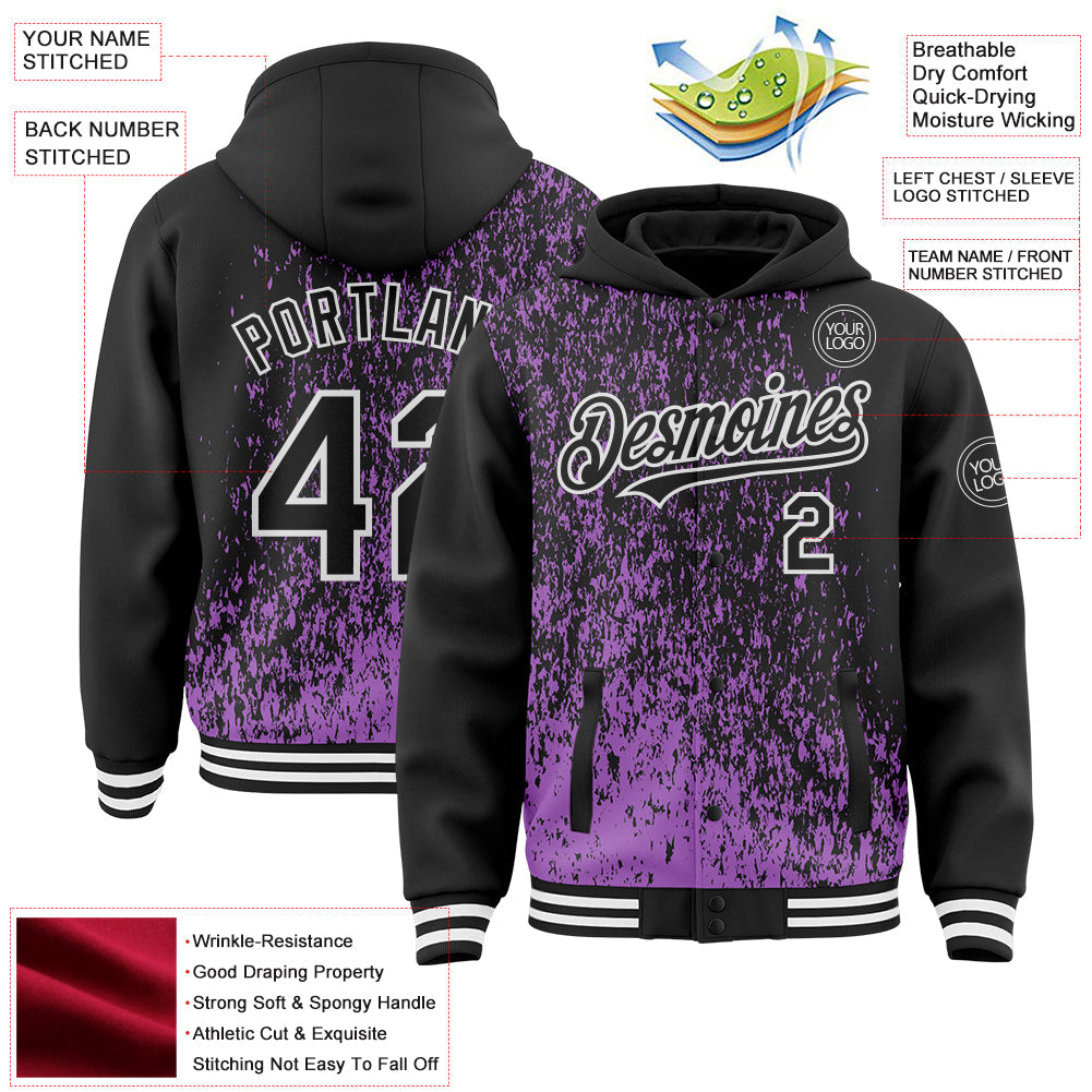 Custom Medium Purple Black-White Abstract Fragment Art 3D Pattern Design Bomber Full-Snap Varsity Letterman Hoodie Jacket view 4