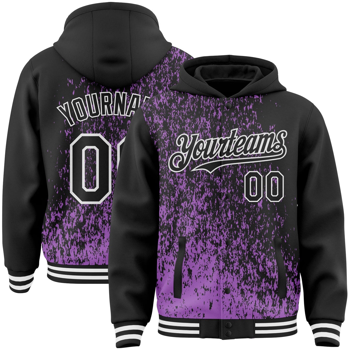 Custom Medium Purple Black-White Abstract Fragment Art 3D Pattern Design Bomber Full-Snap Varsity Letterman Hoodie Jacket - Main View