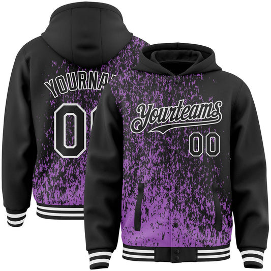 Custom Medium Purple Black-White Abstract Fragment Art 3D Pattern Design Bomber Full-Snap Varsity Letterman Hoodie Jacket - Main View