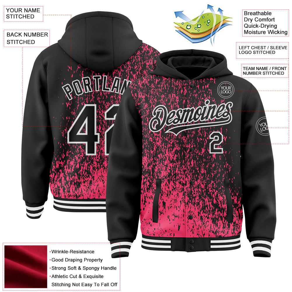Custom Neon Pink Black-White Abstract Fragment Art 3D Pattern Design Bomber Full-Snap Varsity Letterman Hoodie Jacket view 4