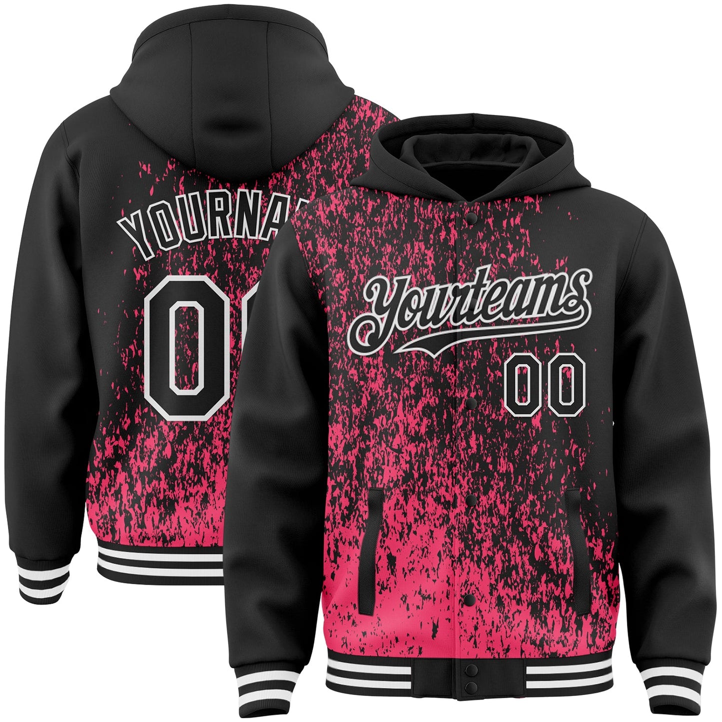 Custom Neon Pink Black-White Abstract Fragment Art 3D Pattern Design Bomber Full-Snap Varsity Letterman Hoodie Jacket - Main View
