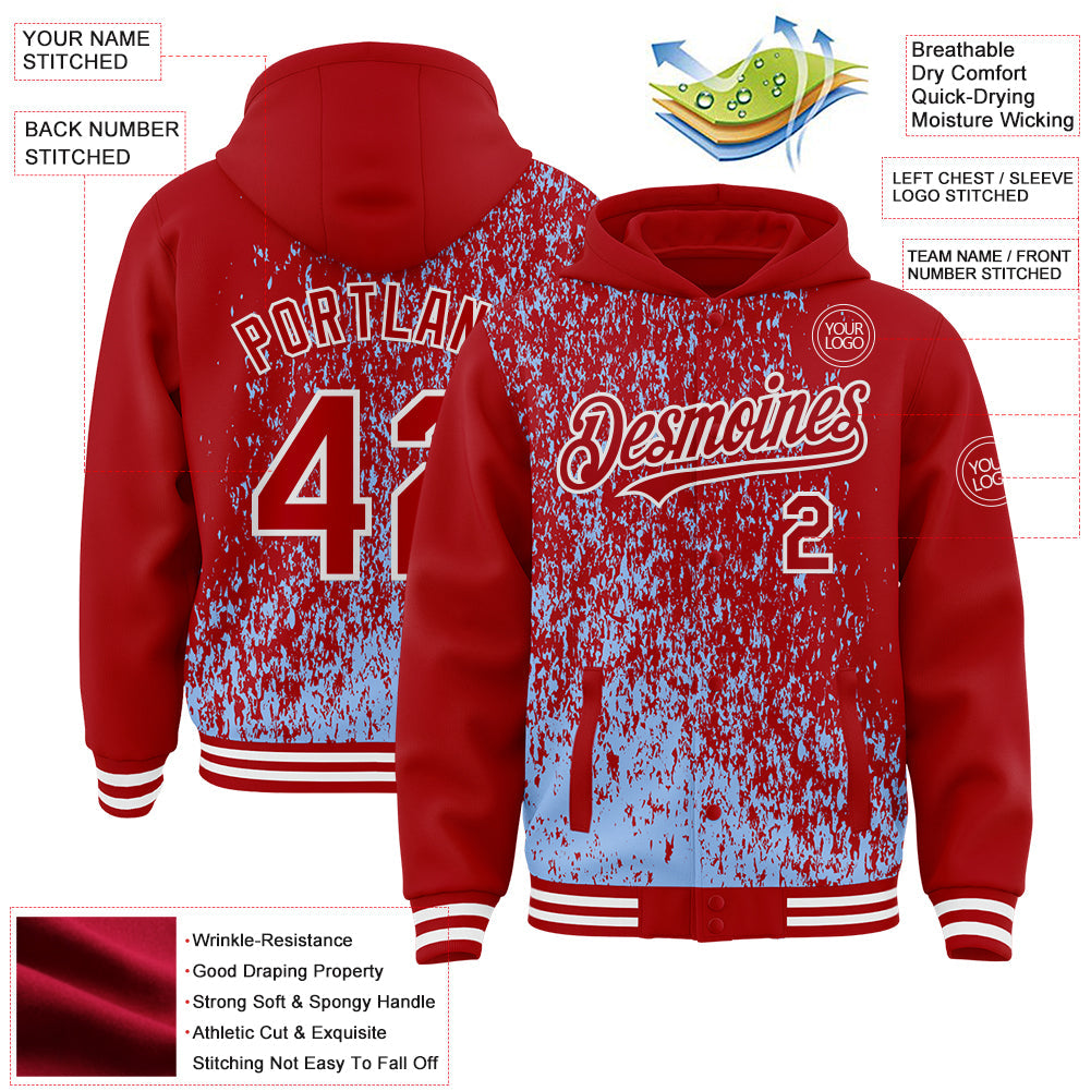 Custom Light Blue Red-White Abstract Fragment Art 3D Pattern Design Bomber Full-Snap Varsity Letterman Hoodie Jacket view 4