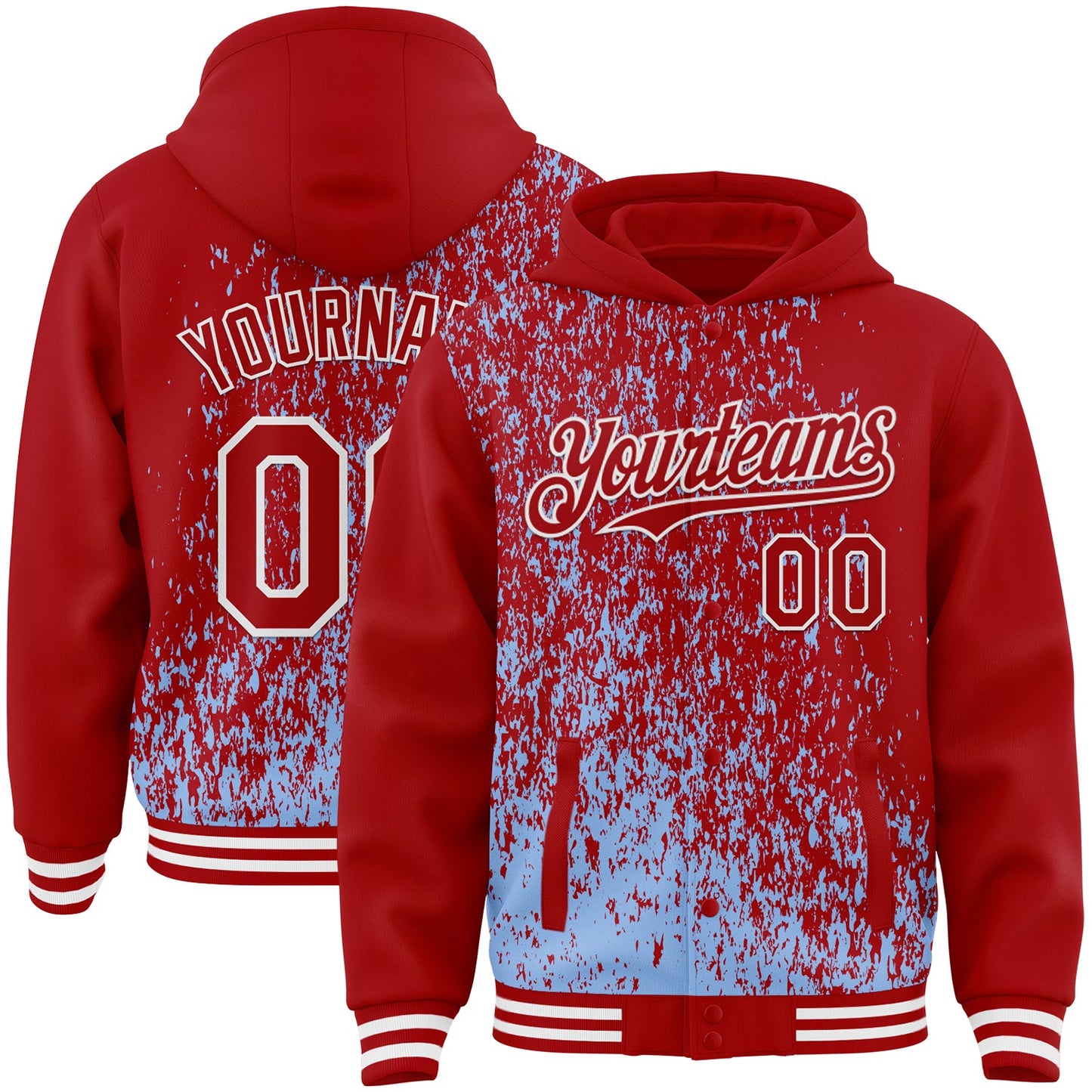 Custom Light Blue Red-White Abstract Fragment Art 3D Pattern Design Bomber Full-Snap Varsity Letterman Hoodie Jacket - Main View