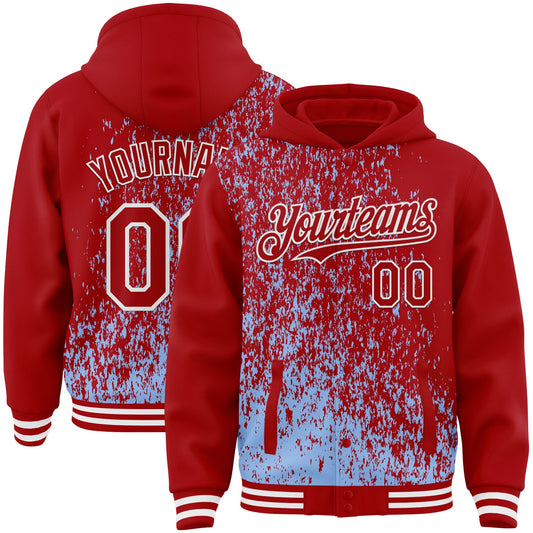Custom Light Blue Red-White Abstract Fragment Art 3D Pattern Design Bomber Full-Snap Varsity Letterman Hoodie Jacket - Main View