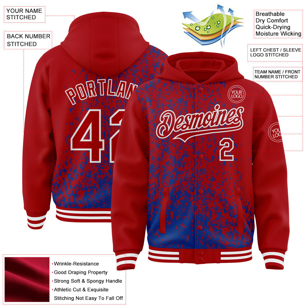 Custom Royal Red-White Abstract Fragment Art 3D Pattern Design Bomber Full-Snap Varsity Letterman Hoodie Jacket view 4