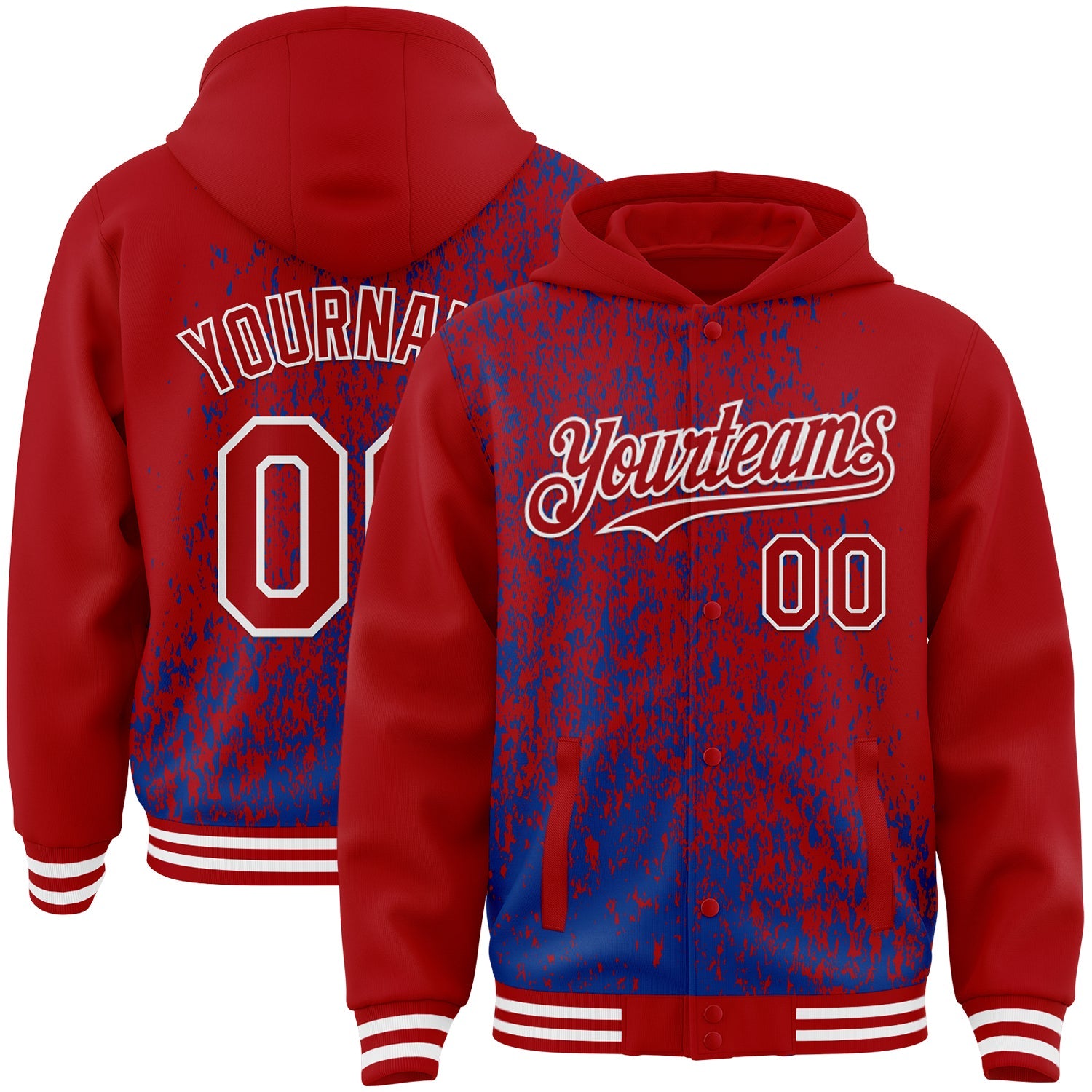 Custom Royal Red-White Abstract Fragment Art 3D Pattern Design Bomber Full-Snap Varsity Letterman Hoodie Jacket - Main View