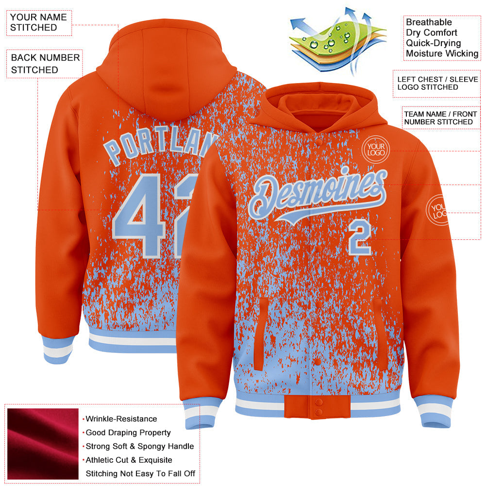 Custom Orange Light Blue-White Abstract Fragment Art 3D Pattern Design Bomber Full-Snap Varsity Letterman Hoodie Jacket view 4