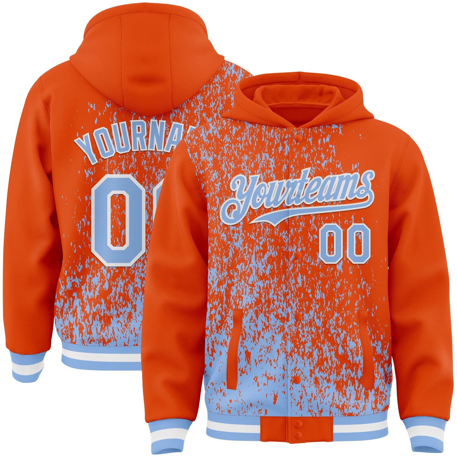 Custom Orange Light Blue-White Abstract Fragment Art 3D Pattern Design Bomber Full-Snap Varsity Letterman Hoodie Jacket - Main View