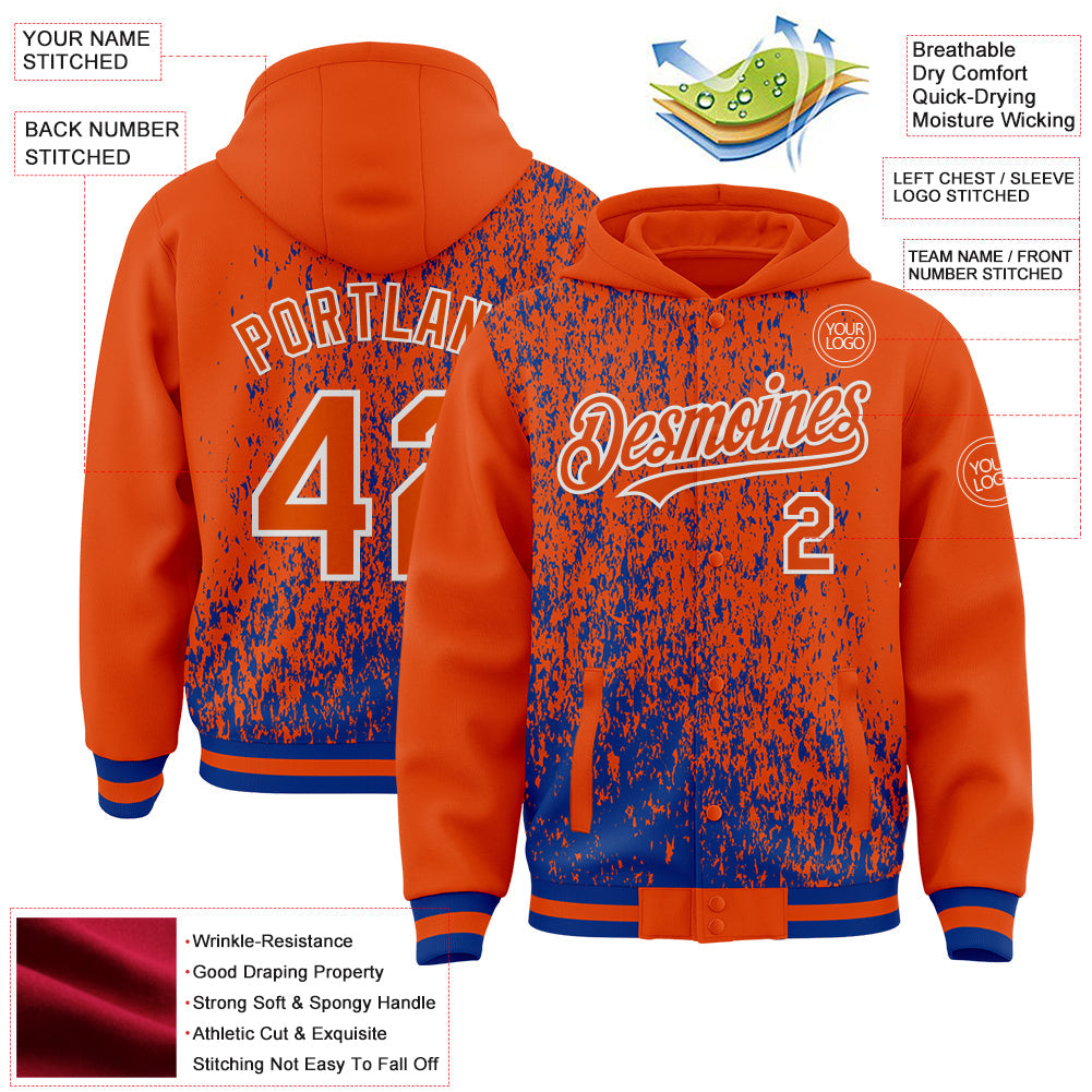 Custom Royal Orange-White Abstract Fragment Art 3D Pattern Design Bomber Full-Snap Varsity Letterman Hoodie Jacket view 4