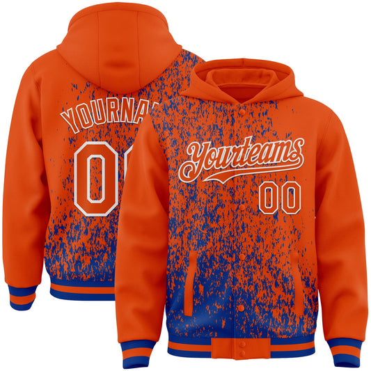 Custom Royal Orange-White Abstract Fragment Art 3D Pattern Design Bomber Full-Snap Varsity Letterman Hoodie Jacket - Main View