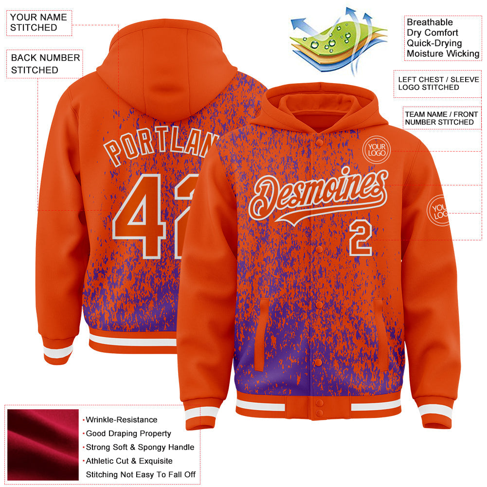 Custom Purple Orange-White Abstract Fragment Art 3D Pattern Design Bomber Full-Snap Varsity Letterman Hoodie Jacket view 4
