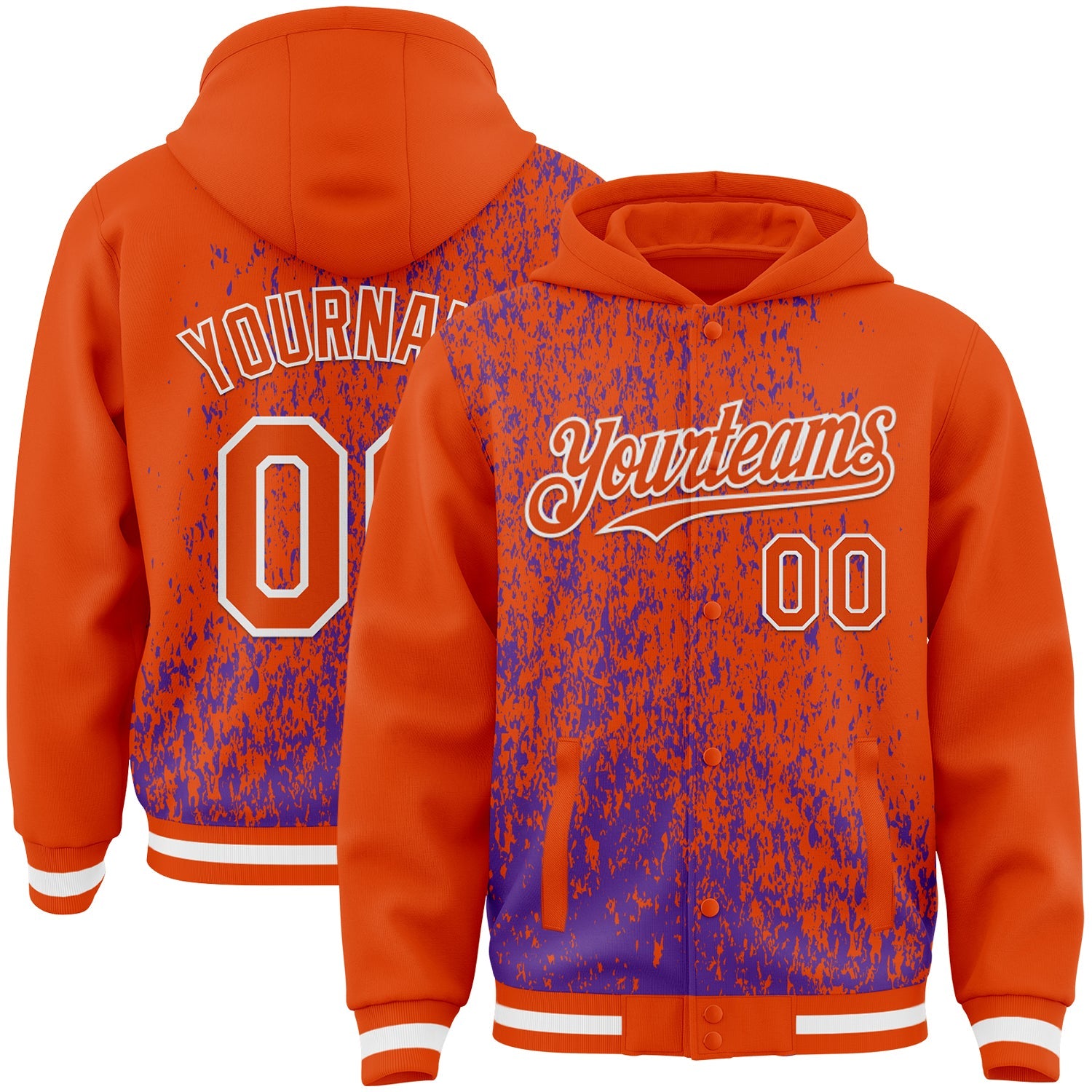 Custom Purple Orange-White Abstract Fragment Art 3D Pattern Design Bomber Full-Snap Varsity Letterman Hoodie Jacket - Main View