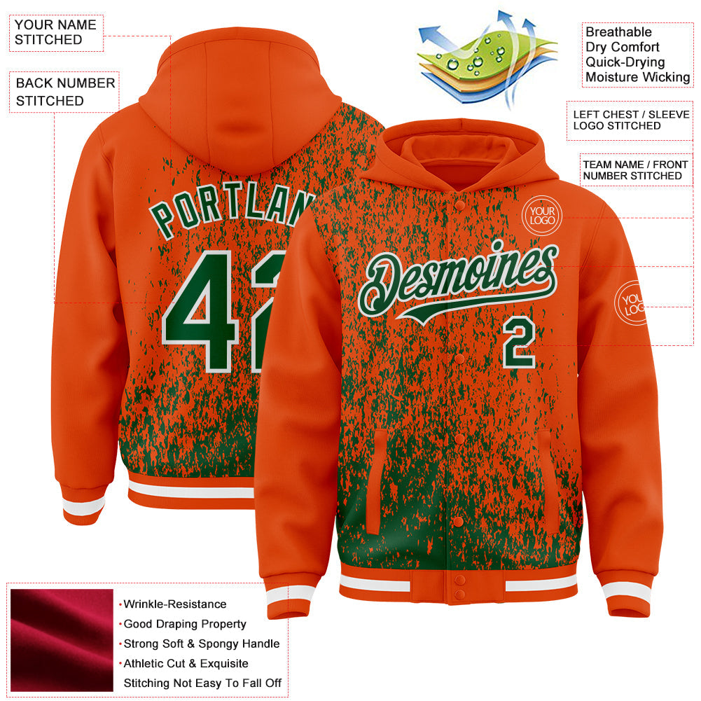 Custom Orange Green-White Abstract Fragment Art 3D Pattern Design Bomber Full-Snap Varsity Letterman Hoodie Jacket view 4