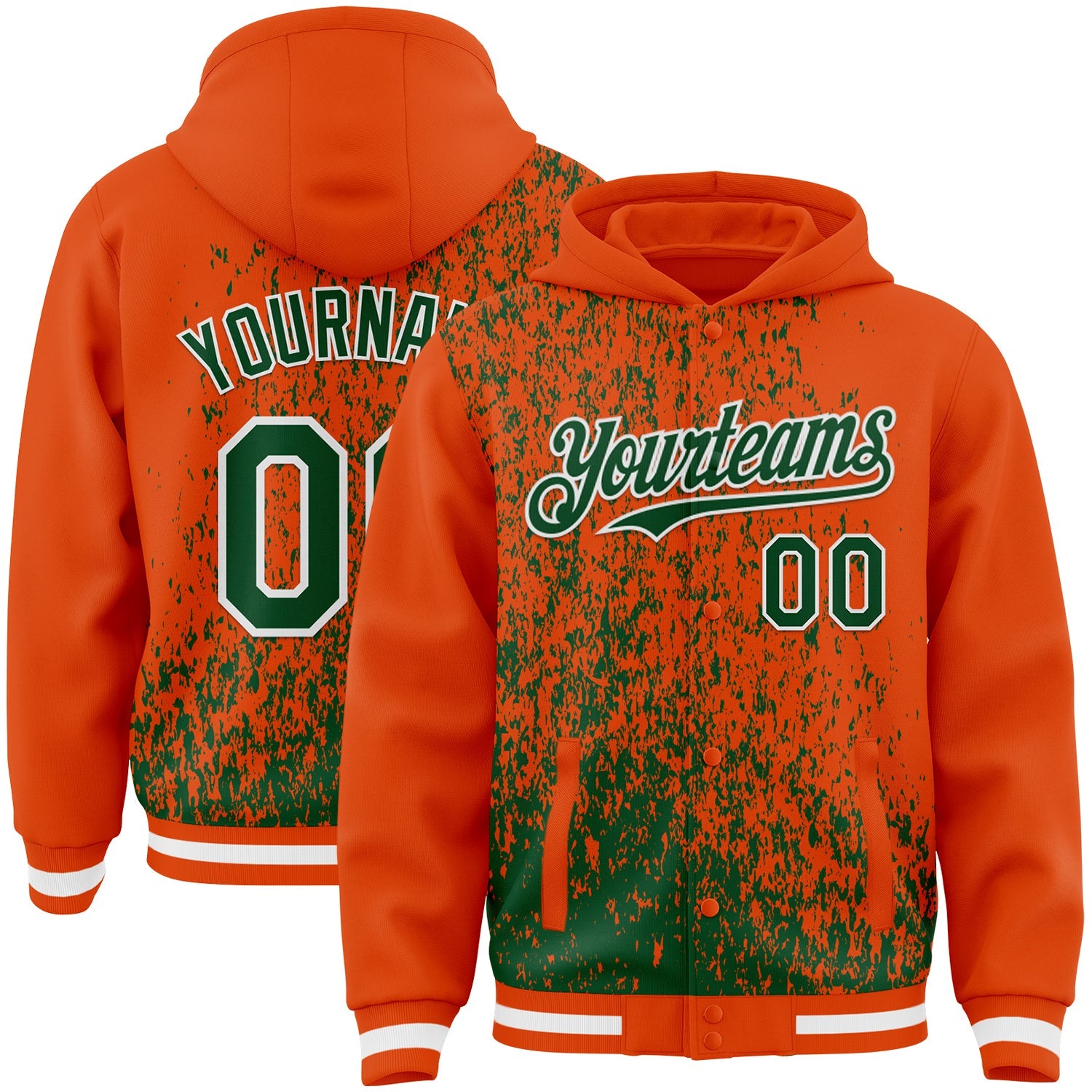 Custom Orange Green-White Abstract Fragment Art 3D Pattern Design Bomber Full-Snap Varsity Letterman Hoodie Jacket - Main View