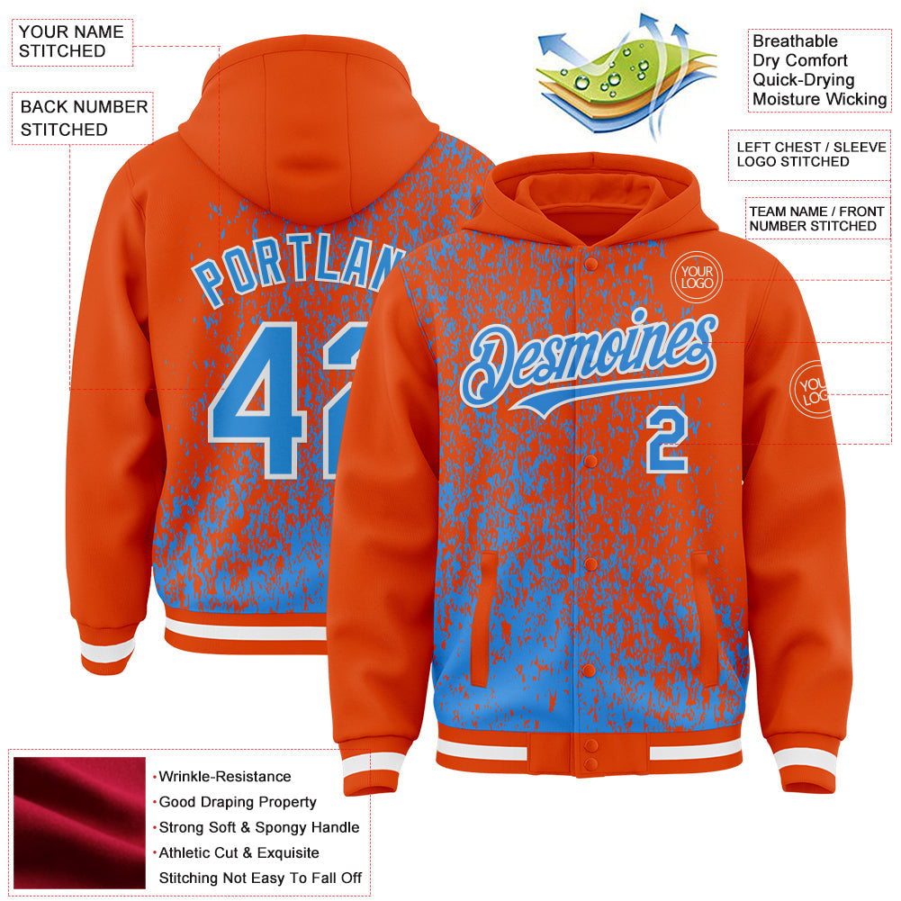 Custom Orange Powder Blue-White Abstract Fragment Art 3D Pattern Design Bomber Full-Snap Varsity Letterman Hoodie Jacket view 4