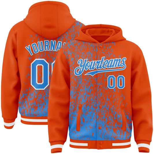 Custom Orange Powder Blue-White Abstract Fragment Art 3D Pattern Design Bomber Full-Snap Varsity Letterman Hoodie Jacket - Main View