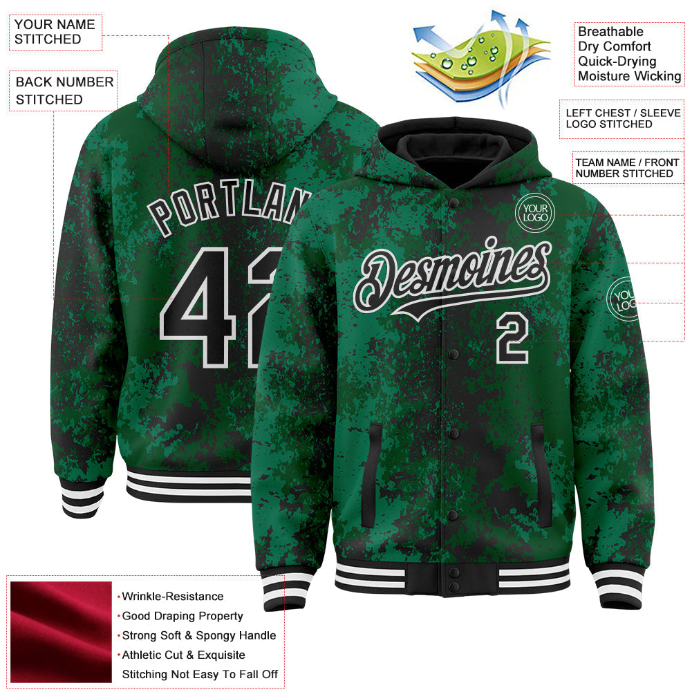 Custom Green Black-White 3D Pattern Design Bomber Full-Snap Varsity Letterman Hoodie Jacket view 4