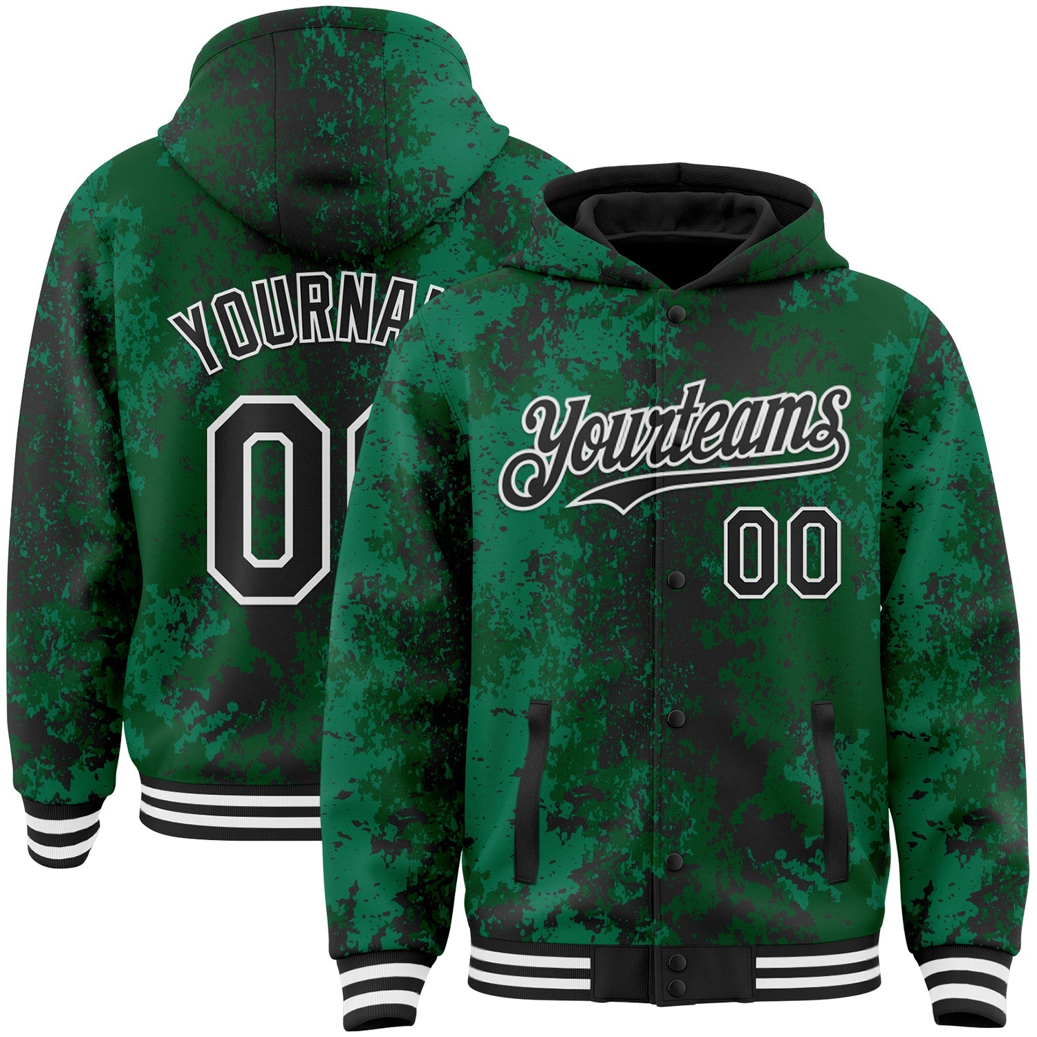 Custom Green Black-White 3D Pattern Design Bomber Full-Snap Varsity Letterman Hoodie Jacket - Main View