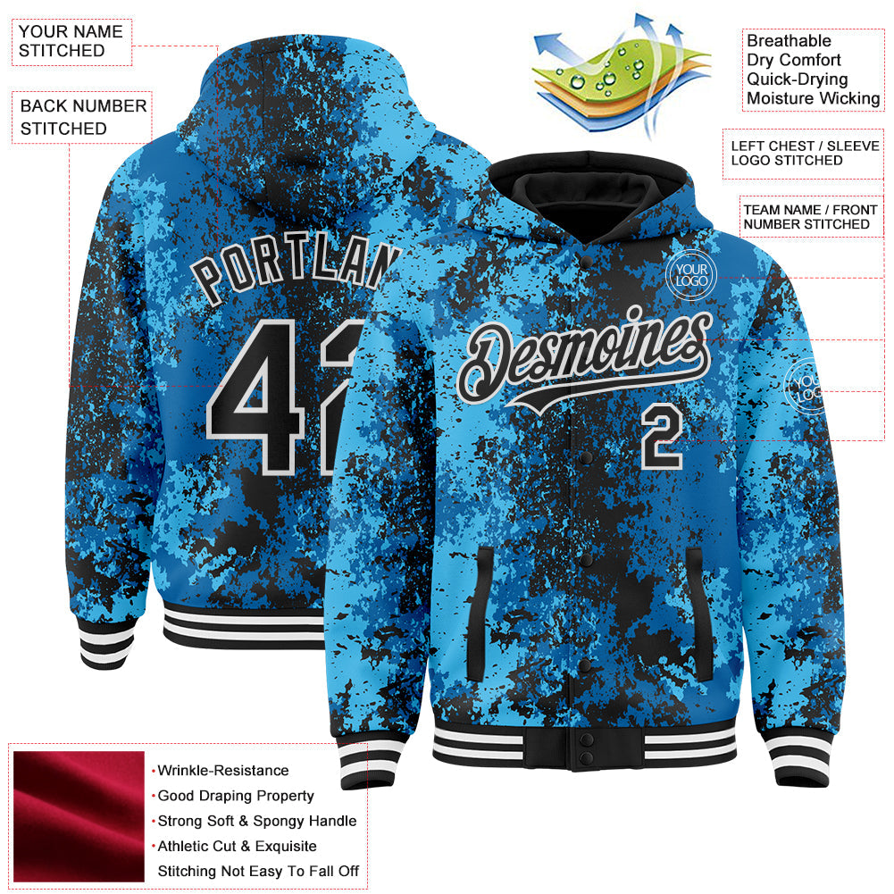 Custom Blue Black-White 3D Pattern Design Bomber Full-Snap Varsity Letterman Hoodie Jacket view 4