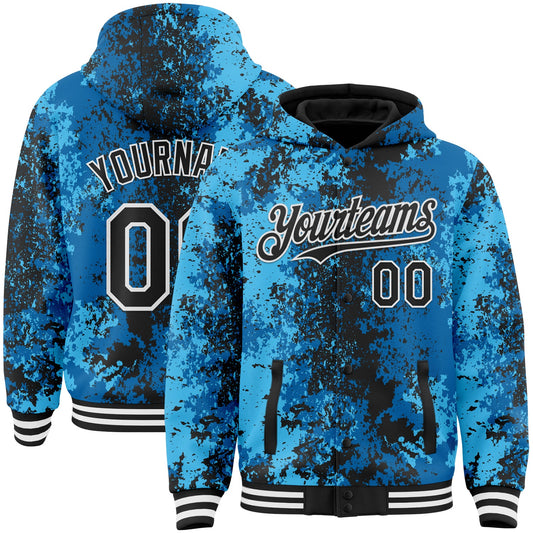 Custom Blue Black-White 3D Pattern Design Bomber Full-Snap Varsity Letterman Hoodie Jacket - Main View