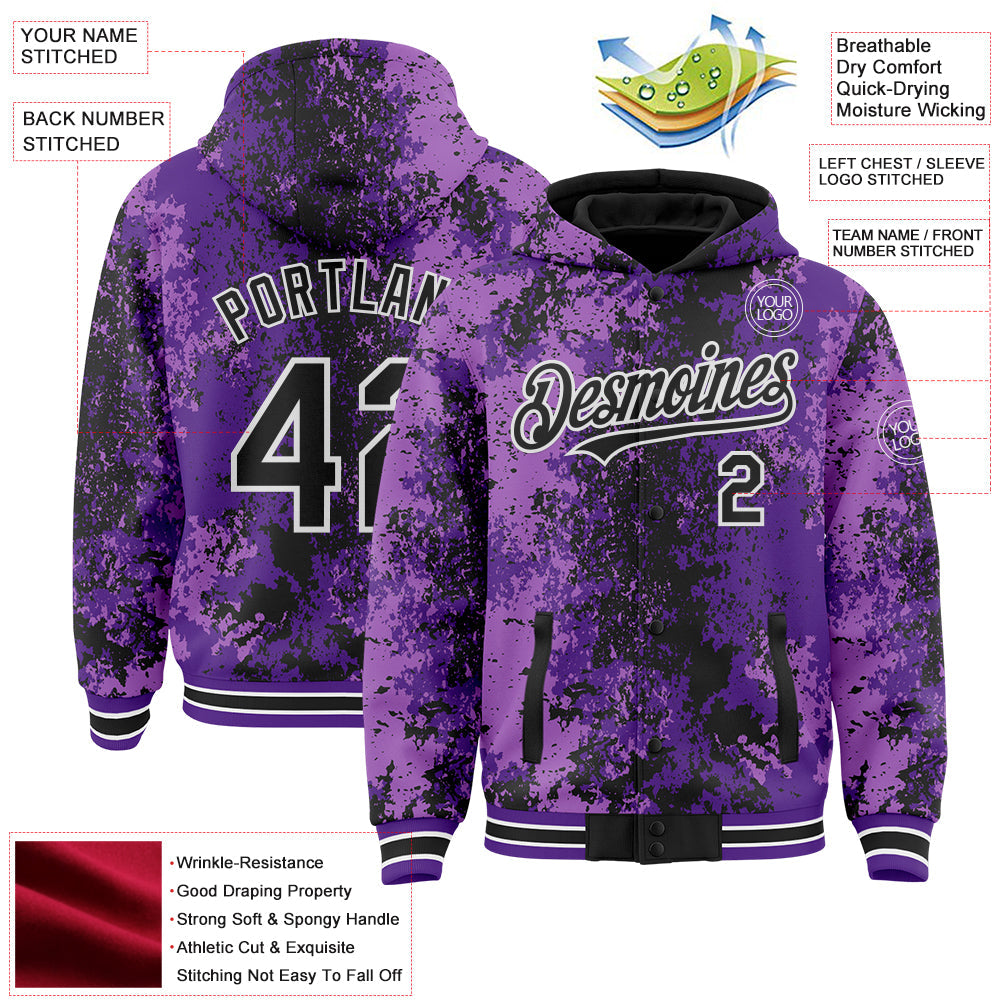 Custom Purple Black-White 3D Pattern Design Bomber Full-Snap Varsity Letterman Hoodie Jacket view 4