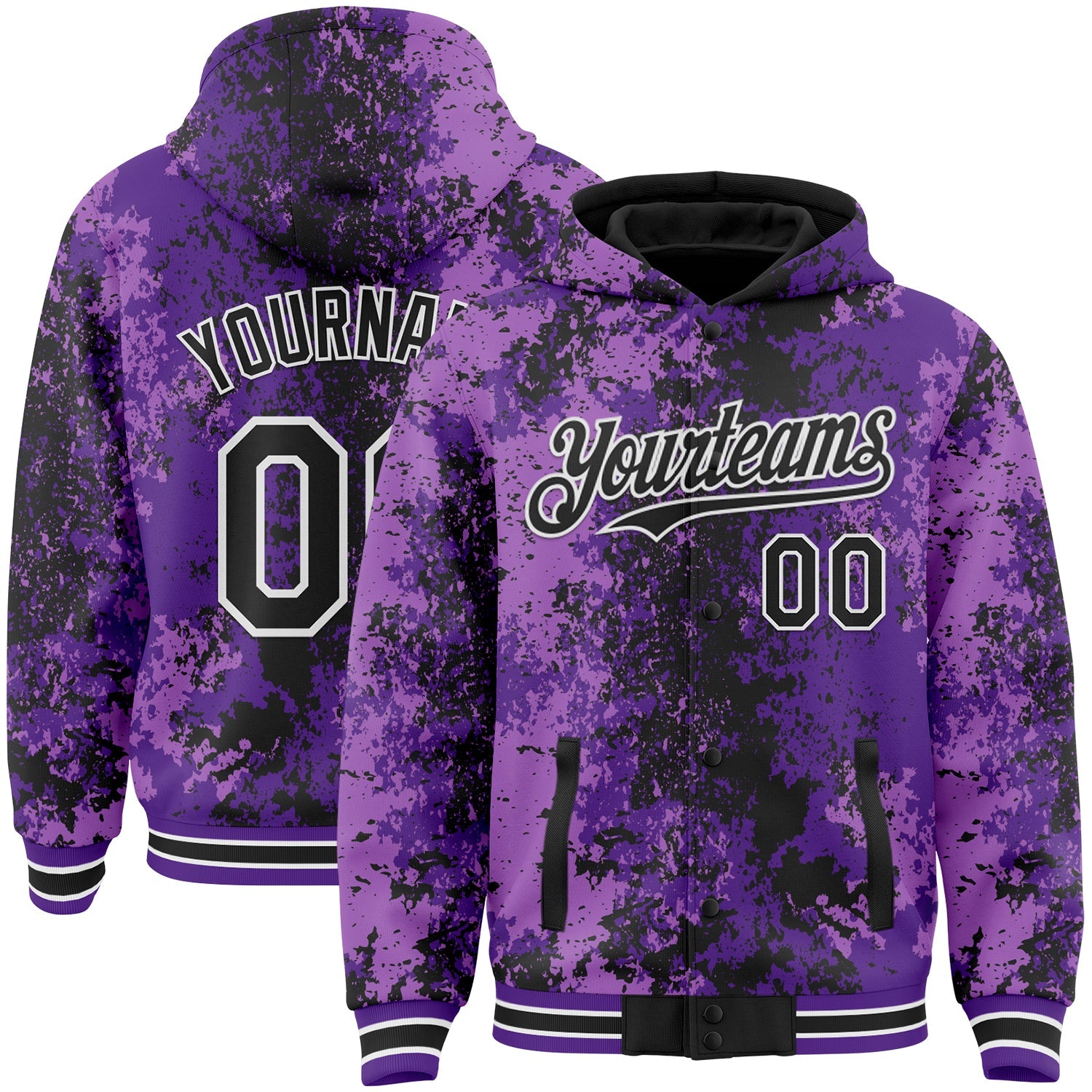 Custom Purple Black-White 3D Pattern Design Bomber Full-Snap Varsity Letterman Hoodie Jacket - Main View