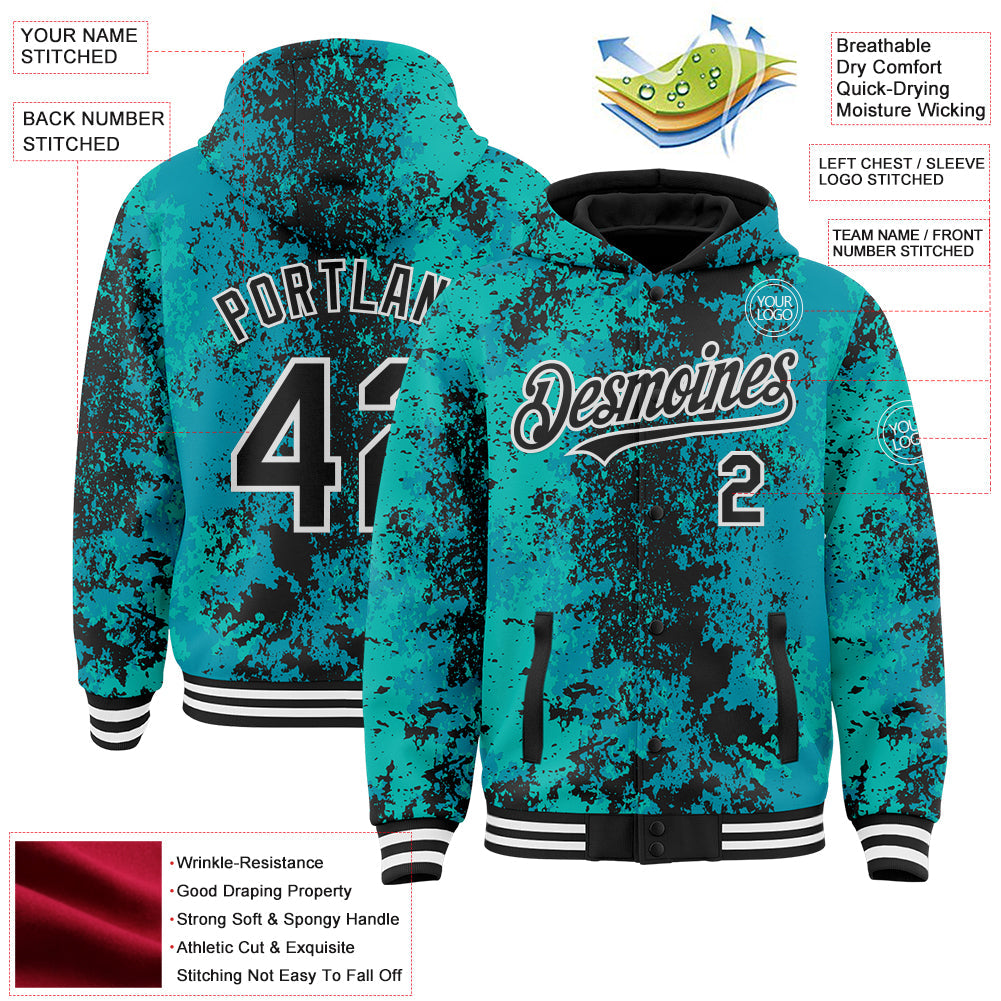 Custom Teal Black-White 3D Pattern Design Bomber Full-Snap Varsity Letterman Hoodie Jacket view 4