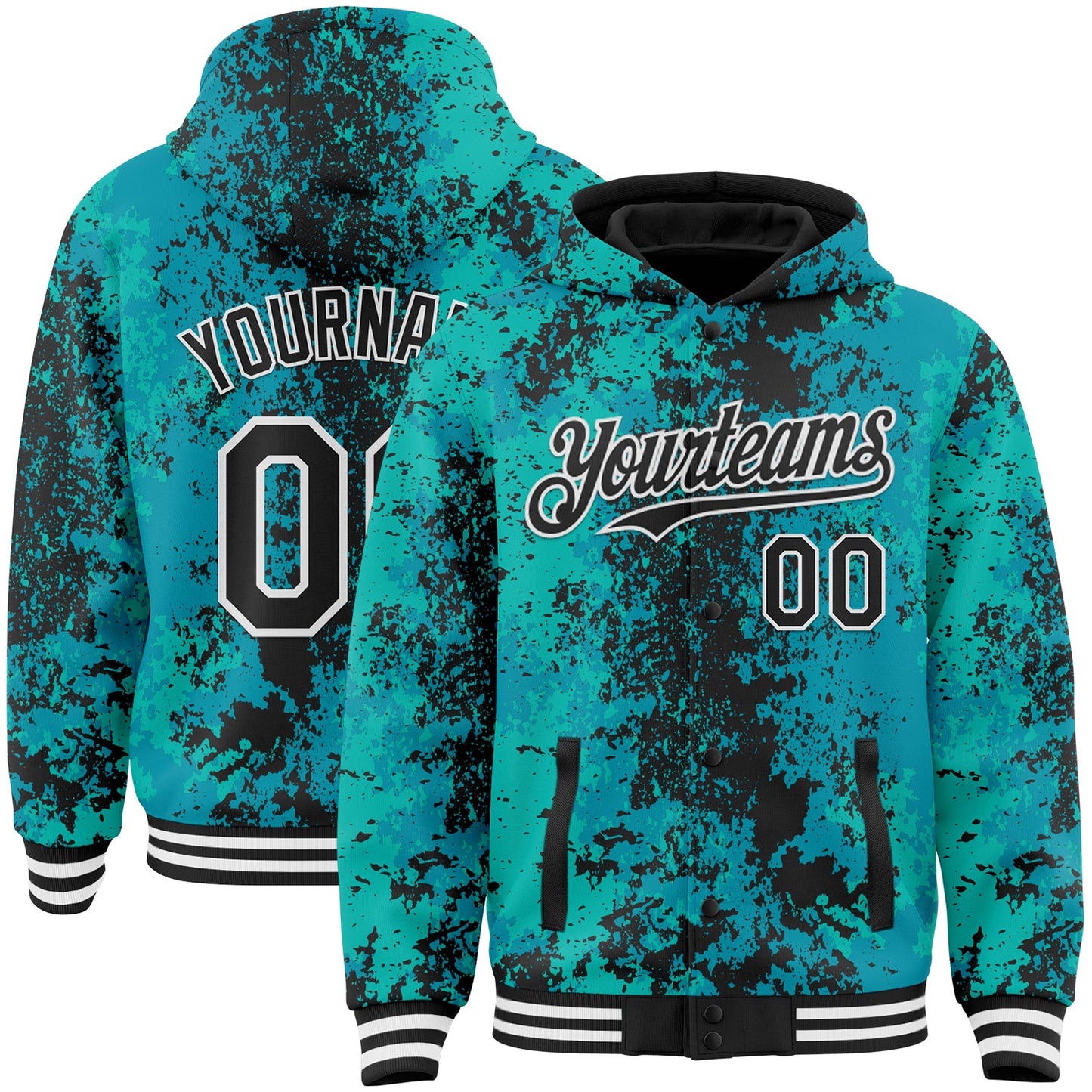 Custom Teal Black-White 3D Pattern Design Bomber Full-Snap Varsity Letterman Hoodie Jacket - Main View