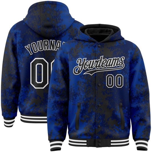 Custom Royal Black-White 3D Pattern Design Bomber Full-Snap Varsity Letterman Hoodie Jacket - Main View
