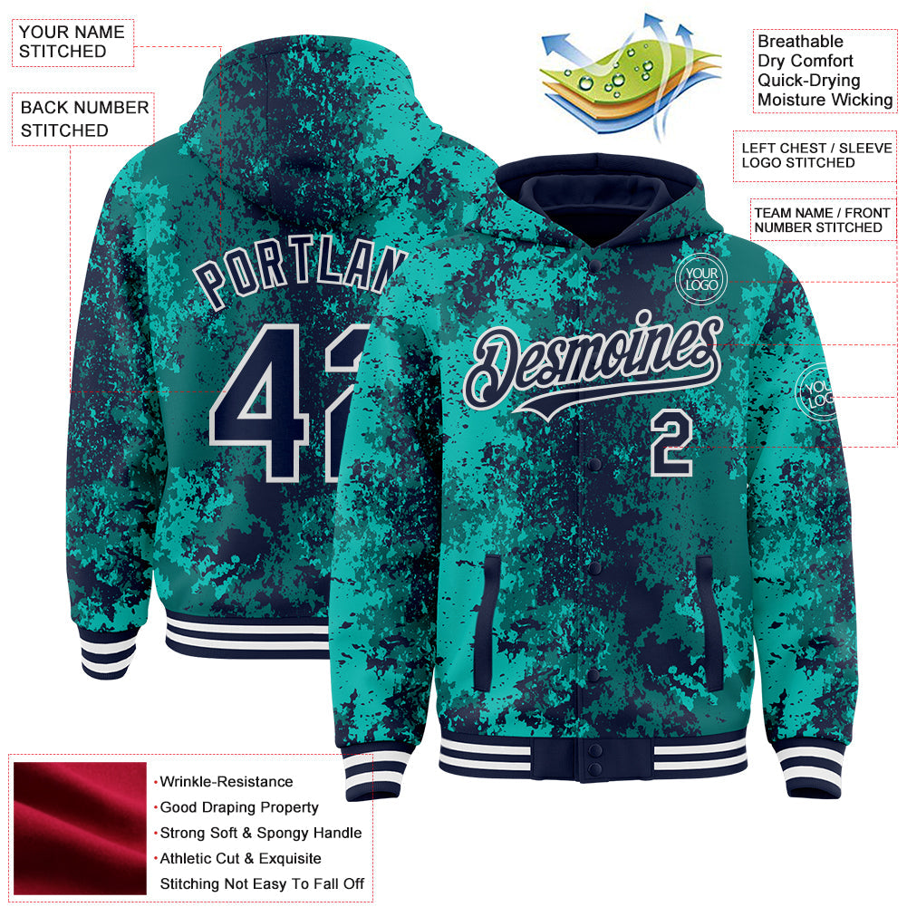 Custom Teal Navy-White 3D Pattern Design Bomber Full-Snap Varsity Letterman Hoodie Jacket view 4