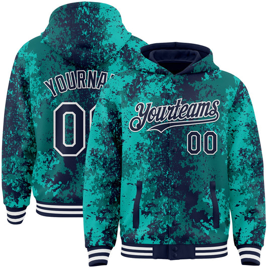 Custom Teal Navy-White 3D Pattern Design Bomber Full-Snap Varsity Letterman Hoodie Jacket - Main View