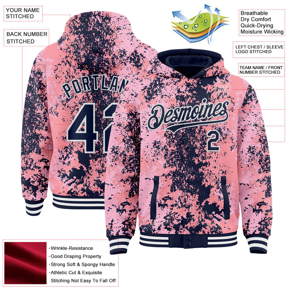 Custom Pink Navy-White 3D Pattern Design Bomber Full-Snap Varsity Letterman Hoodie Jacket view 4