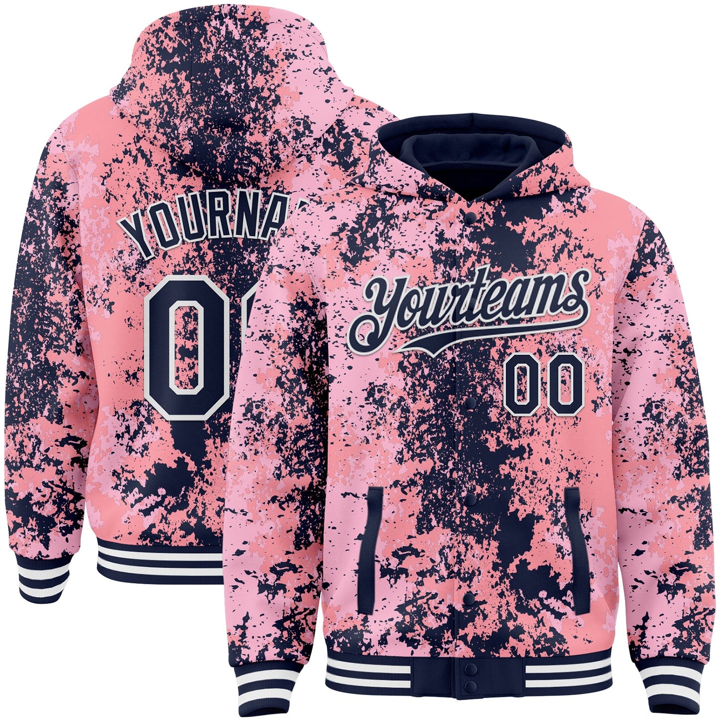 Custom Pink Navy-White 3D Pattern Design Bomber Full-Snap Varsity Letterman Hoodie Jacket - Main View