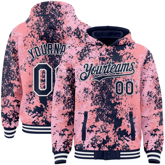 Custom Pink Navy-White 3D Pattern Design Bomber Full-Snap Varsity Letterman Hoodie Jacket - Main View