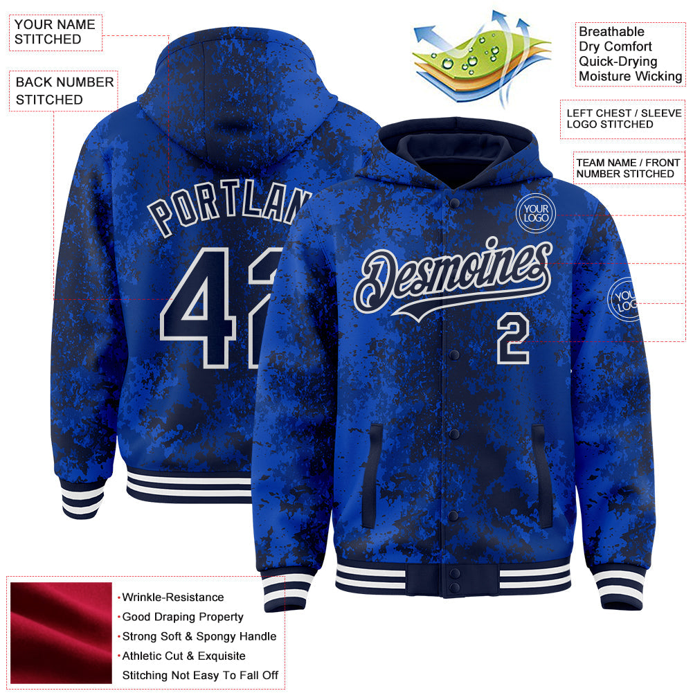 Custom Royal Navy-White 3D Pattern Design Bomber Full-Snap Varsity Letterman Hoodie Jacket view 4